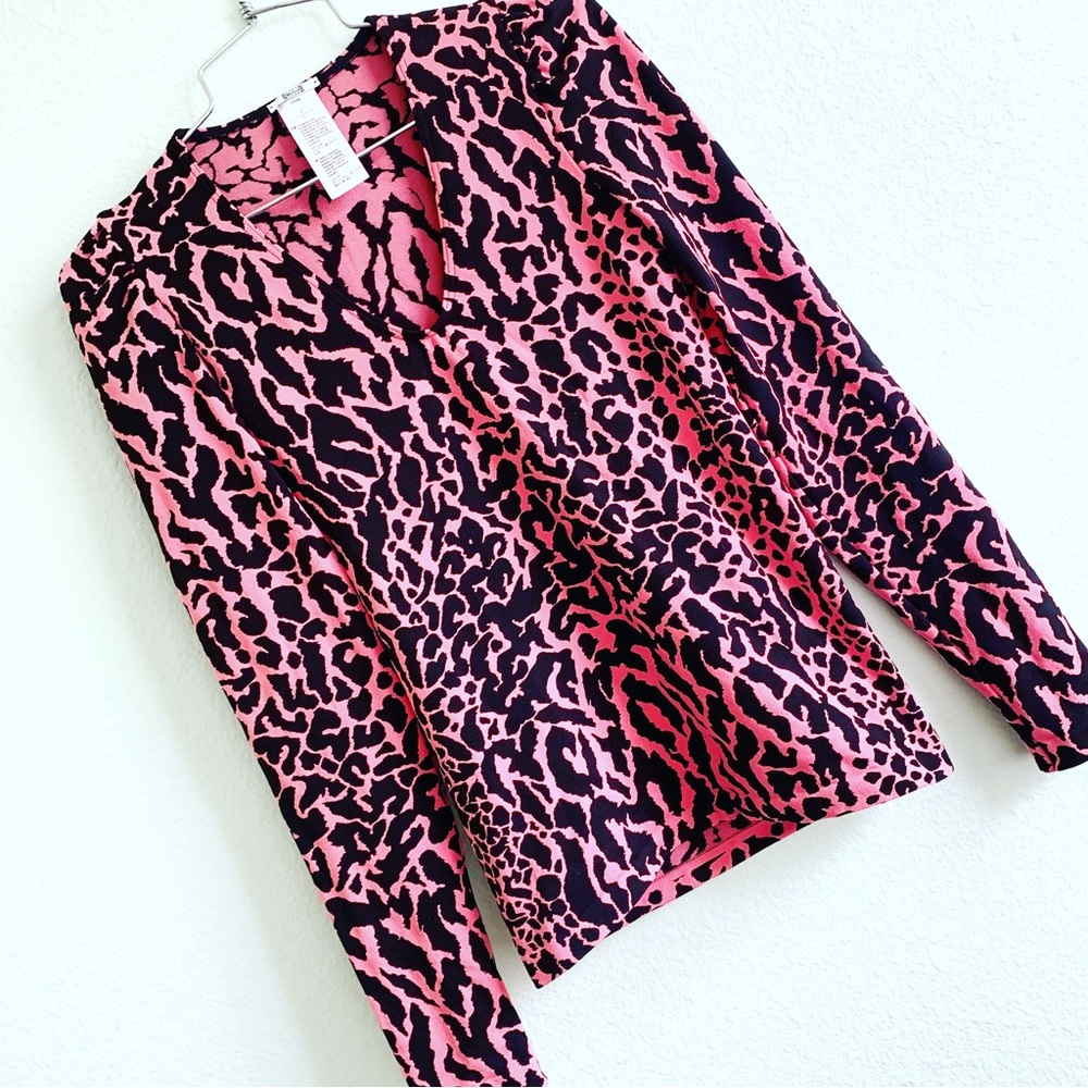 WOLFORD pink leopard print long sleeve animal wild cat blouse shirt Small